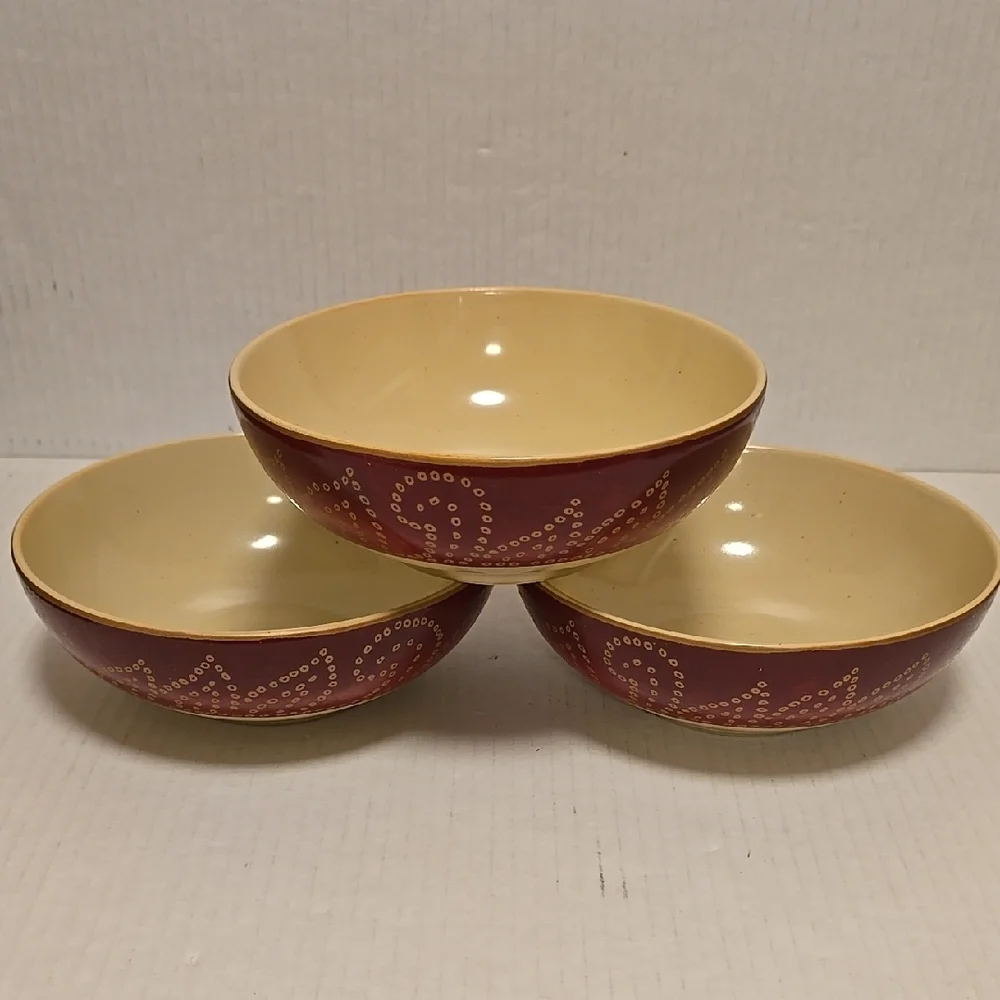 Set of 3 Elegant Pier 1 Red and Cream Ceramic Bowls